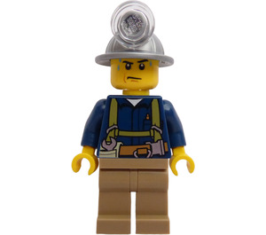 LEGO Miner с Mining Шапка, Sweat Drops, Olive зелено Suspenders, Инструмент Колан, и Тъмен тен Pants Минифигурка