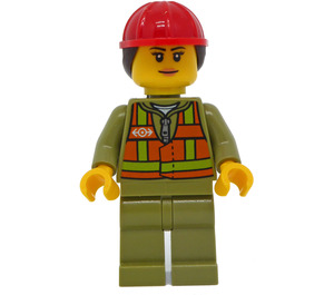 LEGO Влак Worker с червен Каска и коса Минифигурка