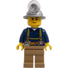 LEGO Miner с Mining Шапка, Sweat Drops, Olive зелено Suspenders, Инструмент Колан, и Тъмен тен Pants Минифигурка